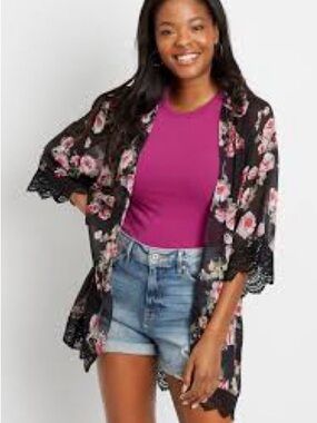 Sheer Black Floral Kimono with Pink Blooms & Lace Trim Sz XXL